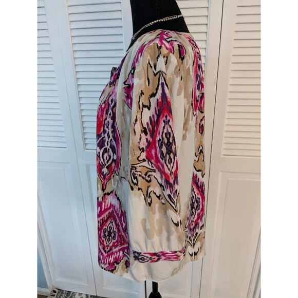 Chicos Blouse Women's L (2) Floral Boho Chic Tunic Top Flowy Flounce Satiny Pink - Picture 7 of 11